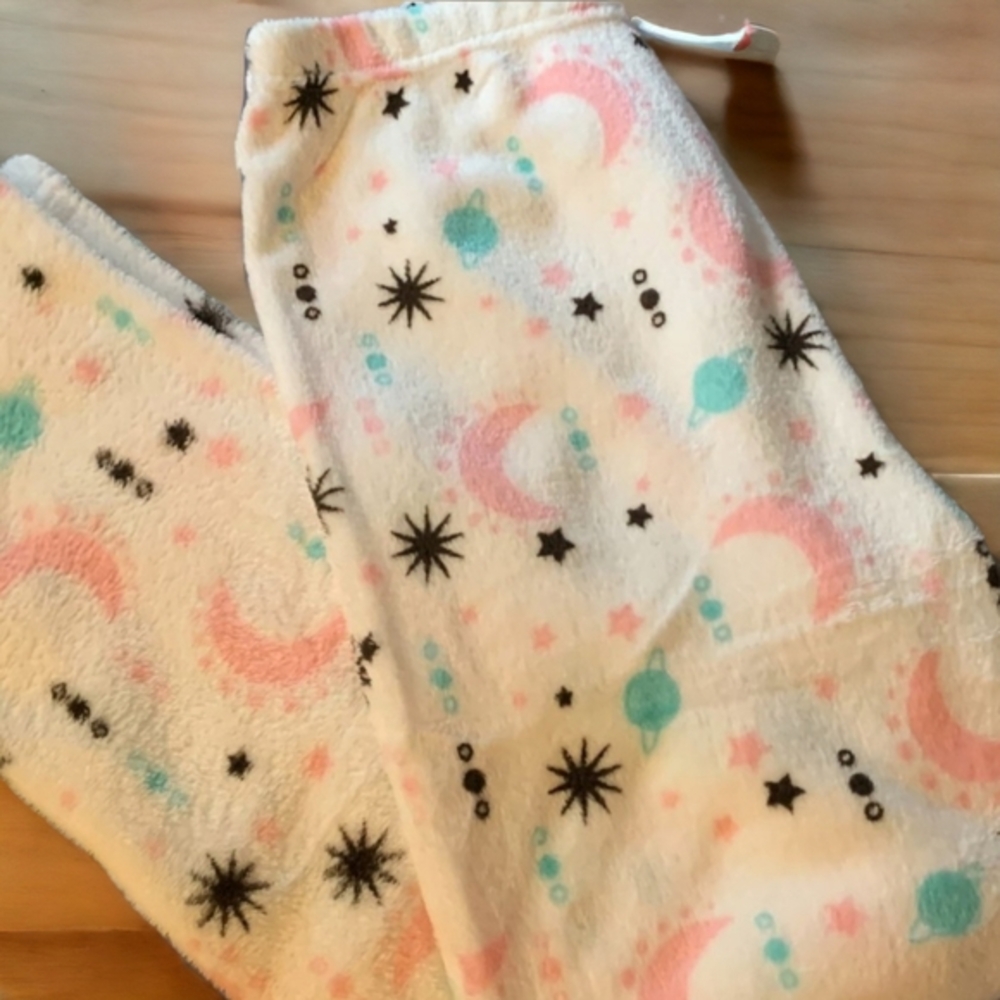 White Pajama Plush Pants with Outer-Space Design